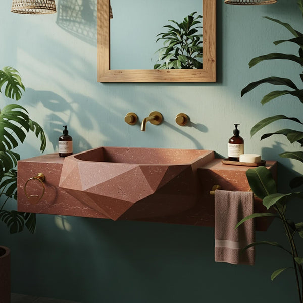 Red Geometric Marble Floating Sink with Towel Bar Vanity M4S82 hover