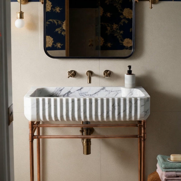Fluted Carrara Marble Sink with Copper Brass Console Base M4M013 hover