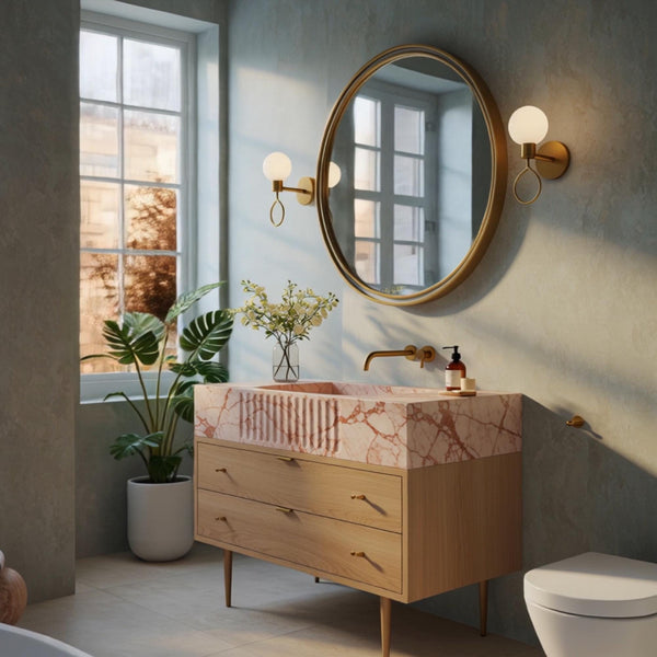 Blush Rose Marble Vanity with Fluted Sink & Oakwood Base M4F83
