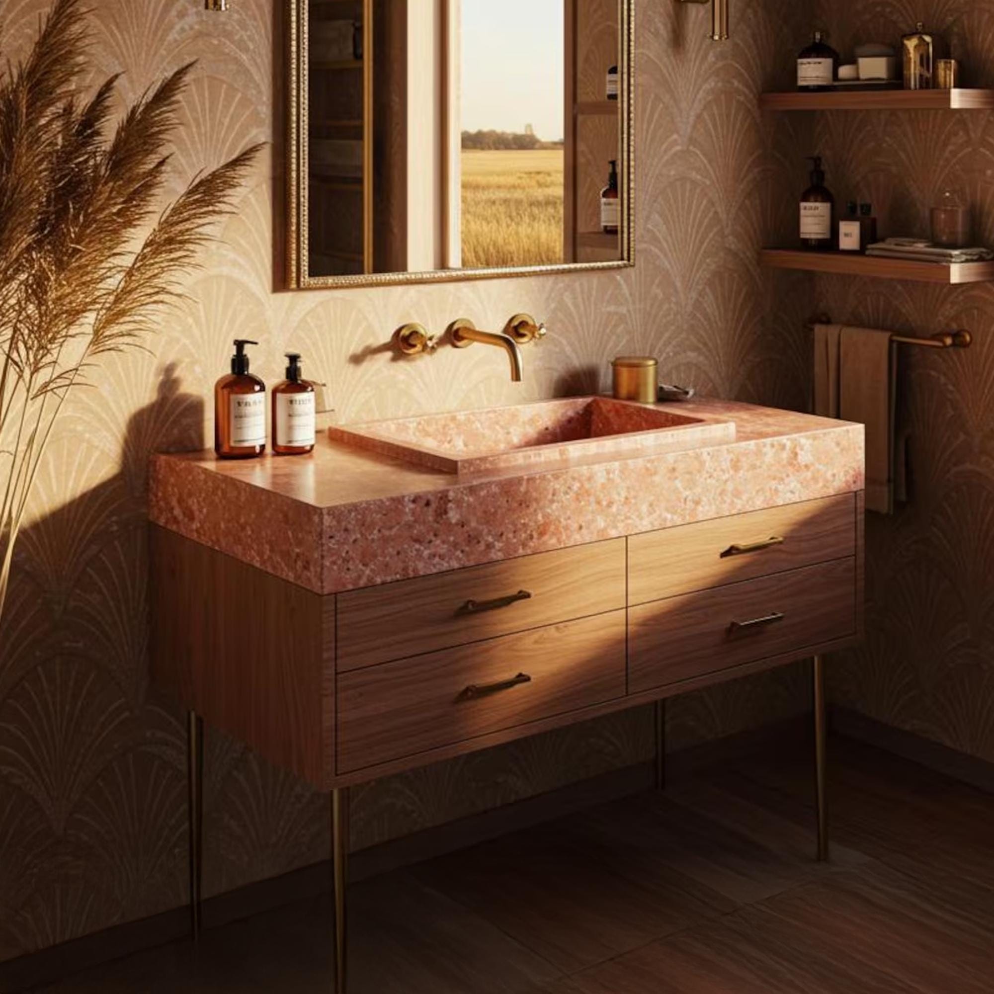 A custom blush pink marble vanity with an integrated sink and sleek brass fixtures in a luxury bathroom.