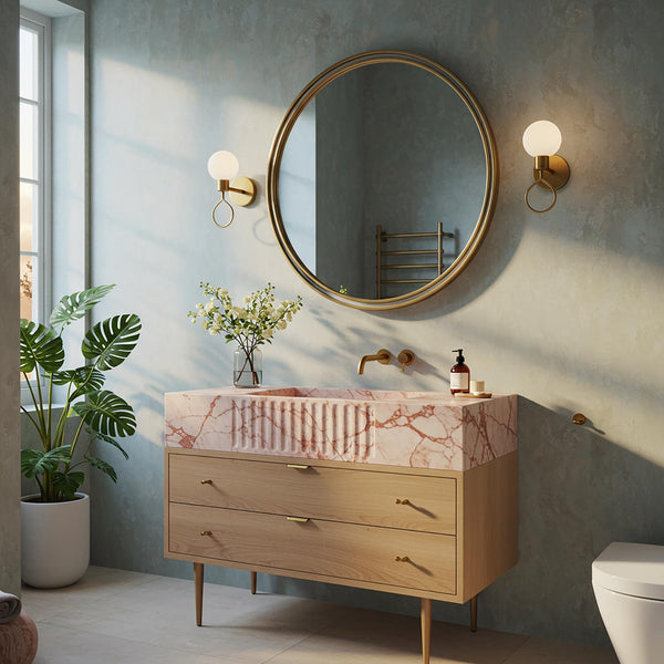 Blush Rose Marble Vanity with Fluted Sink & Oakwood Base M4F83 hover