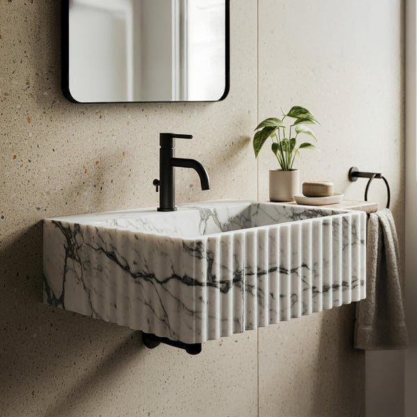 Fluted Calacatta Viola Marble Sink: Handcrafted Bathroom Vanity M4S048