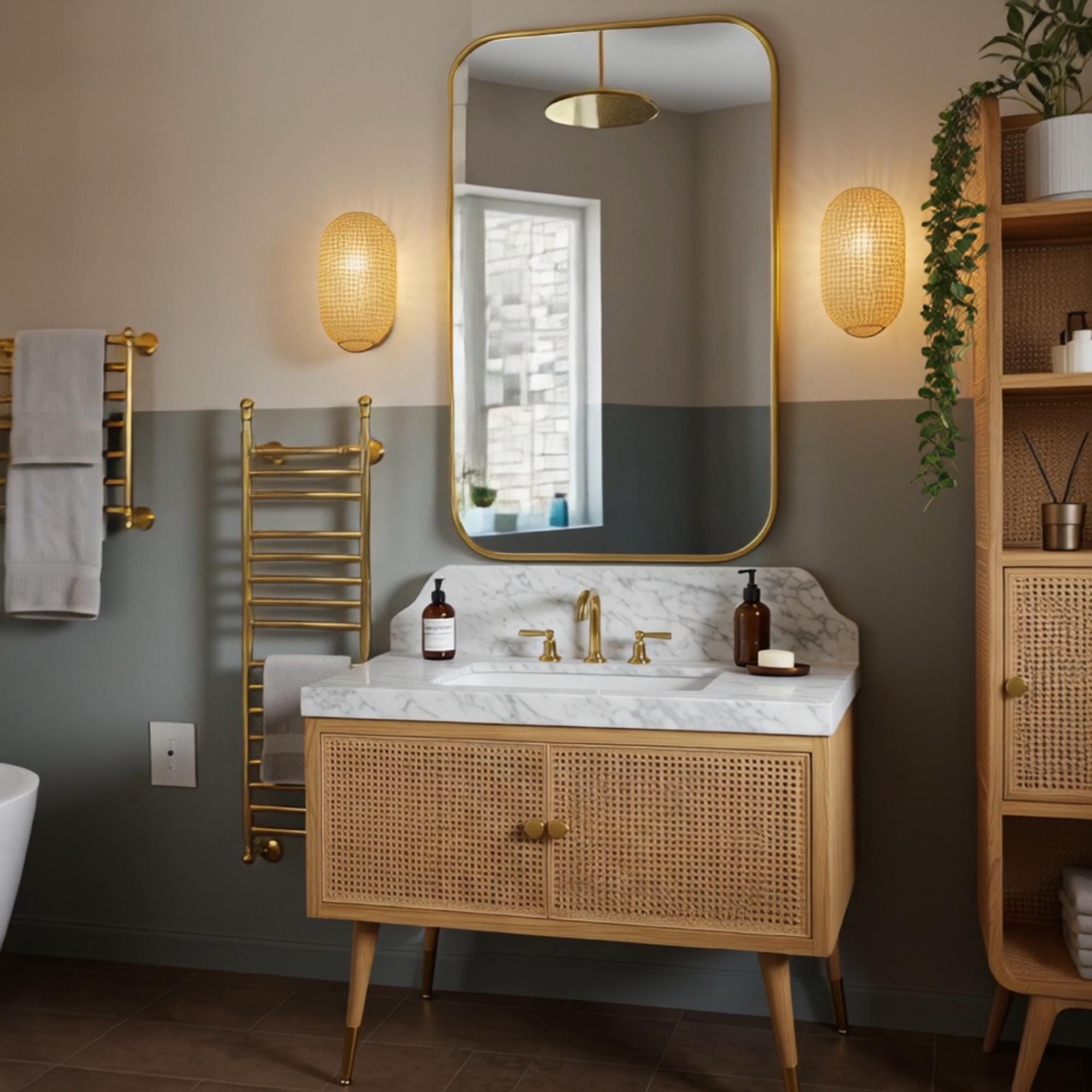 The bathroom features a Carrara marble sink vanity with mid-century cane door design and gold hardware.