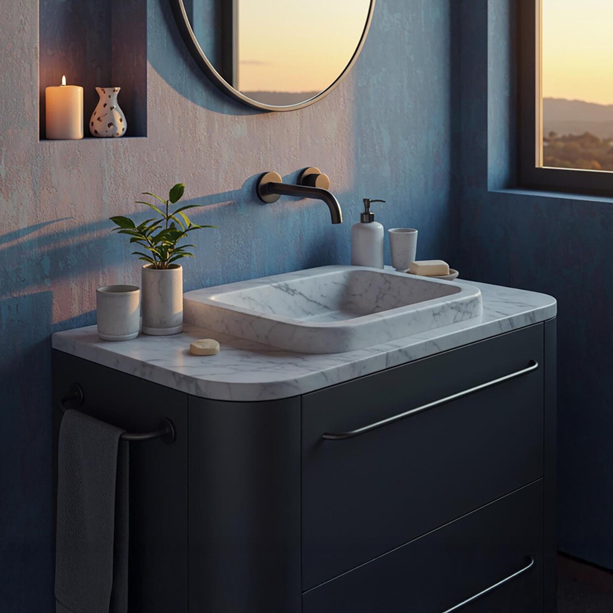 A floating Carrara marble vanity with a soft-edged integrated basin and modern wall-mounted faucet.