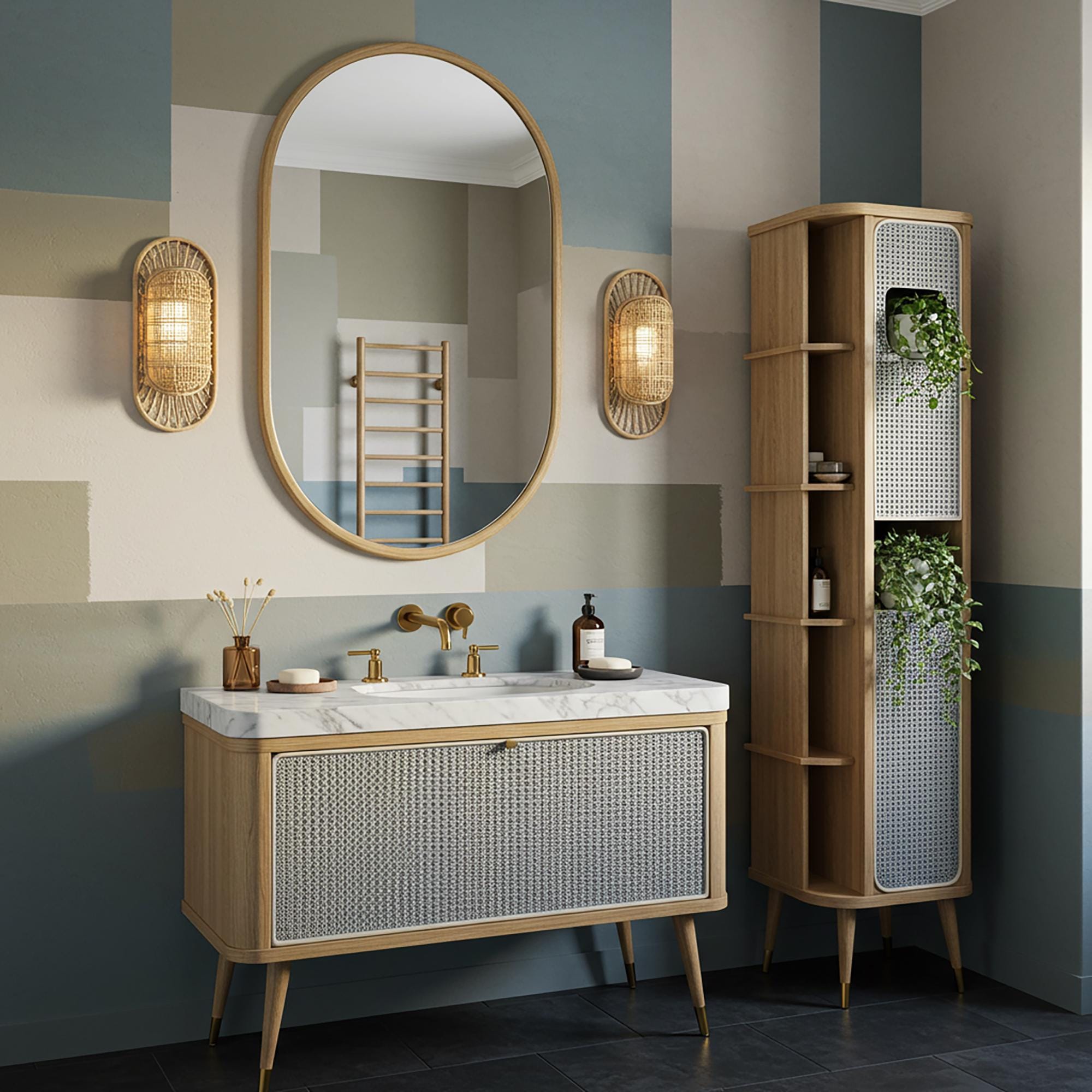 This elegant vanity features a Carrara marble top, natural oak wood, and a woven cane front, perfect for a luxury powder room.