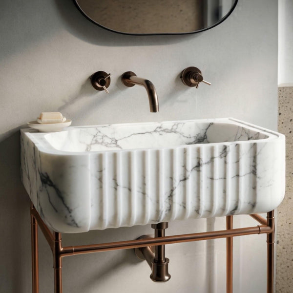 Fluted Carrara Marble Sink with Rose Gold Stand and Soap Ledge M4M038 hover