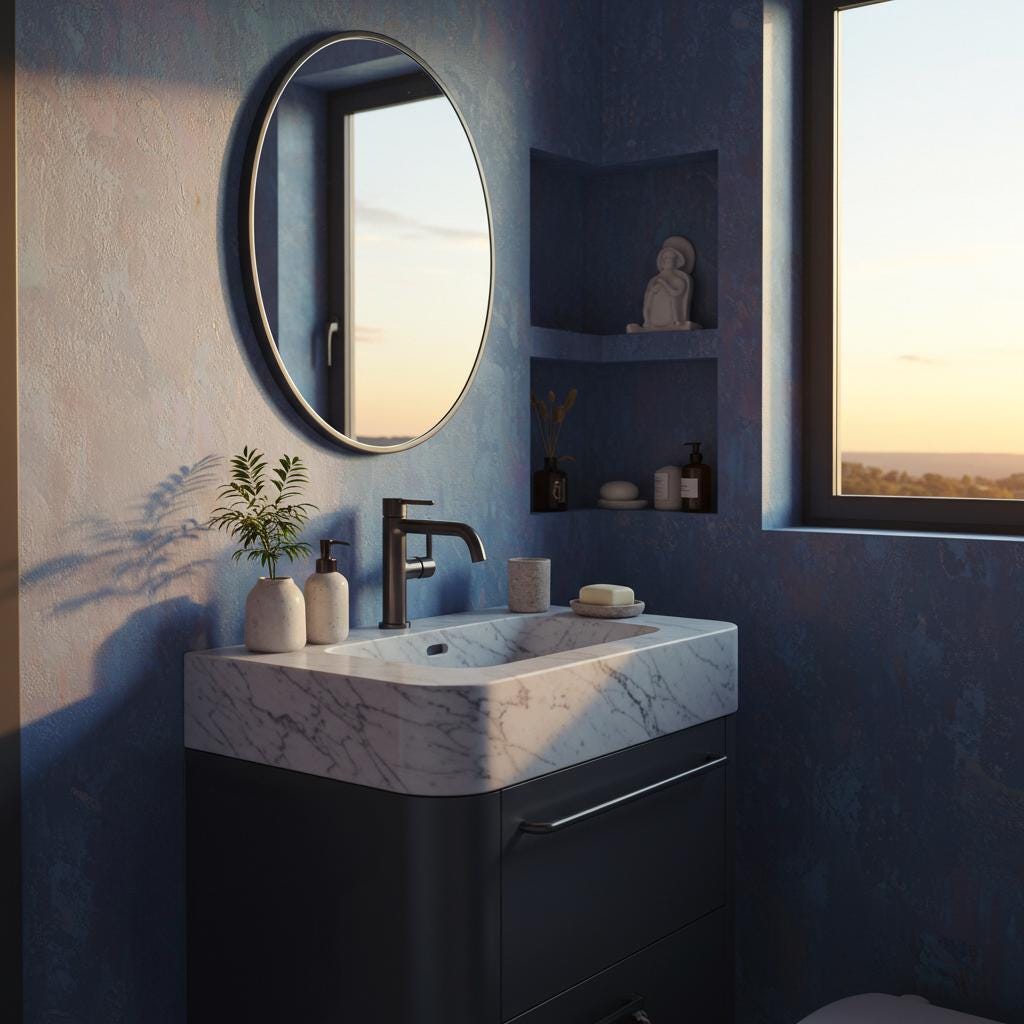 This wall-mounted vanity features a Carrara marble top and matte black cabinet for a refined modern look.
