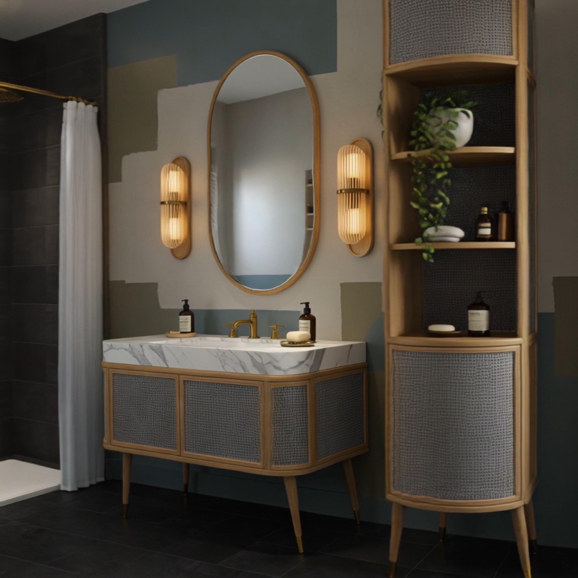 Carrara Marble Vanity Sink with Woven Wood Cabinet Base