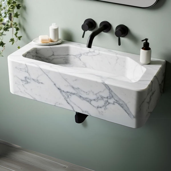 Rectangular Carrara Marble Wall Sink with Matte Black Fixtures M4S024 hover