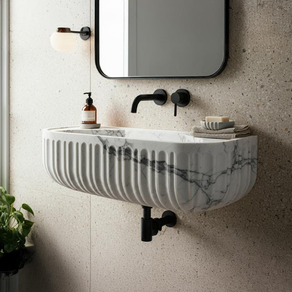 Wall Mounted Carrara Marble Bathroom Sink – Oval Ribbed Stone Sink with Soap Dish M4S045