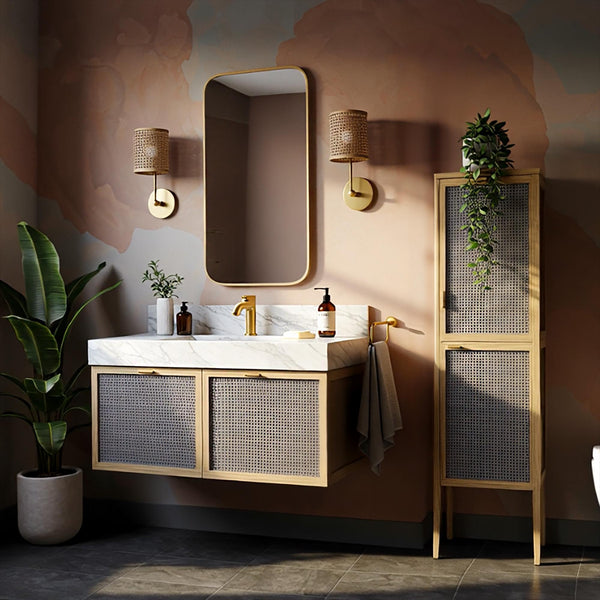 Wall Mounted Marble Sink Vanity with Rattan Cabinets – Floating Natural Stone Top Console for Modern Bathroom or Powder Room Decor M4F039 hover