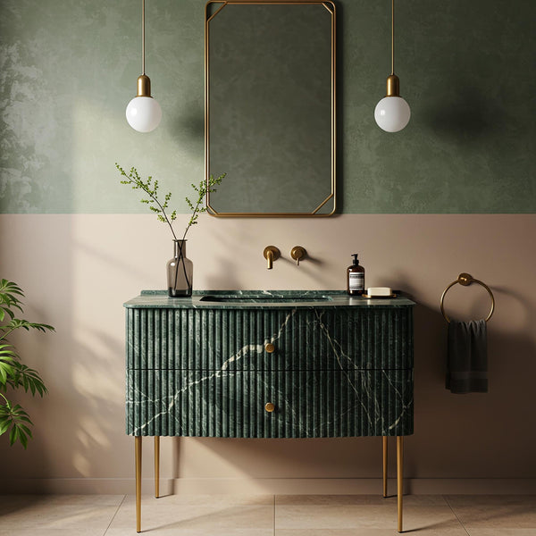 Curved Green Marble Fluted Vanity with Brass Legs M4M67