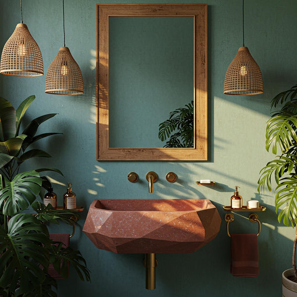 Geometric Red Marble Wall Sink – Sculpted Stone Vessel M4S68