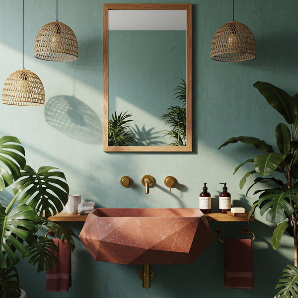 Red Travertine Marble Sink: Geometric Wall Mounted Bathroom Basin M4S029