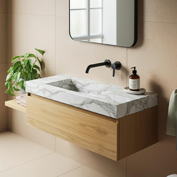 Floating Marble Sink & Wood Vanity Combo – Modern Custom Bathroom Set M4F005