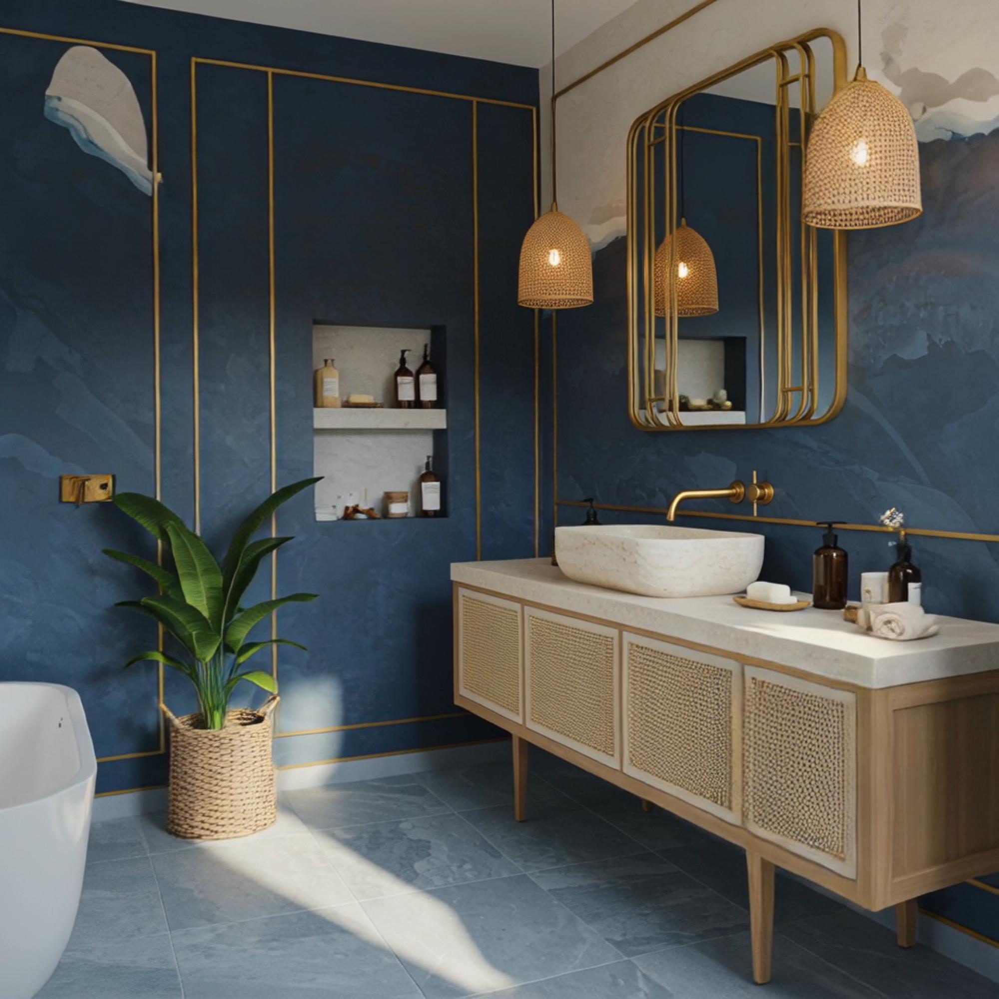 A floating stone vanity with natural textures, combining a travertine top and cane doors for sophisticated warmth.
