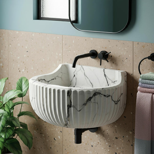 Fluted Calacatta Marble Wall-Mount Sink: Modern Luxury Bathroom Basin M4S026