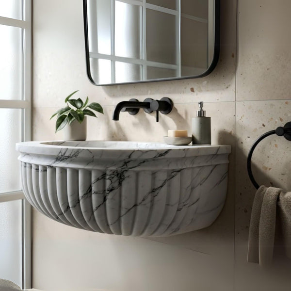 Wall-Mounted Fluted Calacatta Viola Marble Sink Basin M4S046