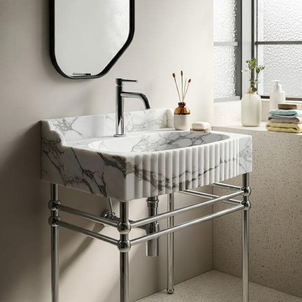 Fluted Calacatta Viola Marble Sink – Freestanding Vanity with Backsplash & Custom Metal Base M4M017