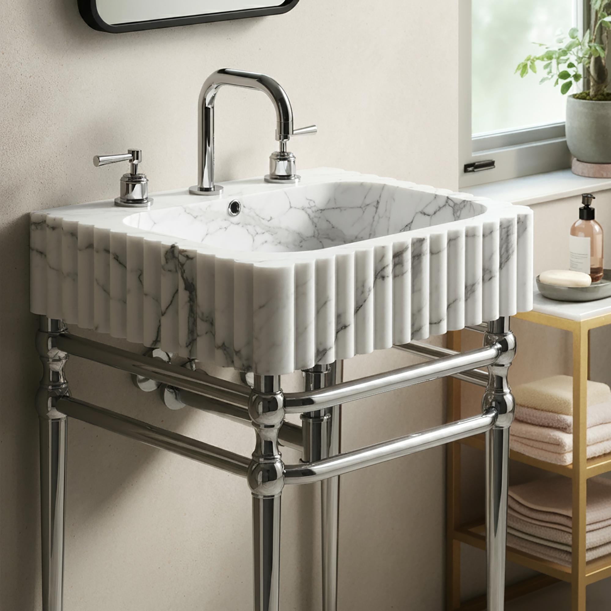 The fluted Carrara marble sink with polished chrome legs creates a refined, luxury statement for modern high-end bathrooms.