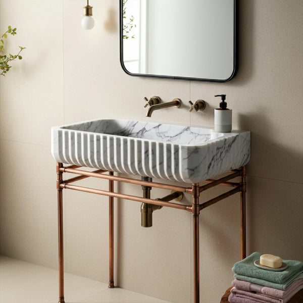 Fluted Carrara Marble Sink with Copper Brass Console Base M4M013