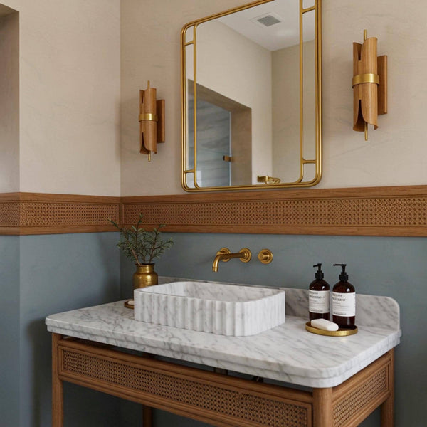 Carrara Fluted Marble Basin with Rattan Wood Vanity M4F74