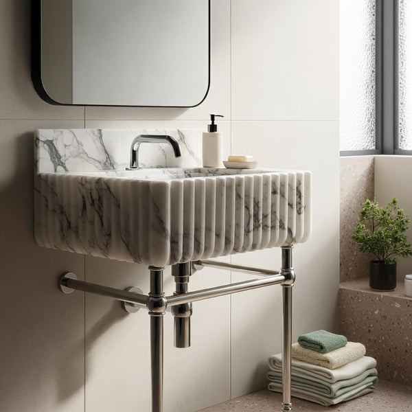 Grand Fluted Carrara Marble Sink  – A Statement of Luxury with Backsplash M4M018