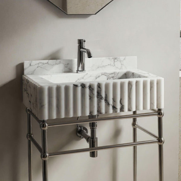 Fluted Carrara Marble Sink with Polished Metal Console – Modern Luxe Bathroom Statement M4M010