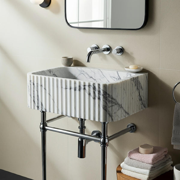 Fluted Carrara Marble Pedestal Sink – Freestanding Bathroom Basin with Custom Options M4M015