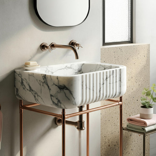 Fluted Carrara Marble Sink with Rose Gold Stand and Soap Ledge M4M038
