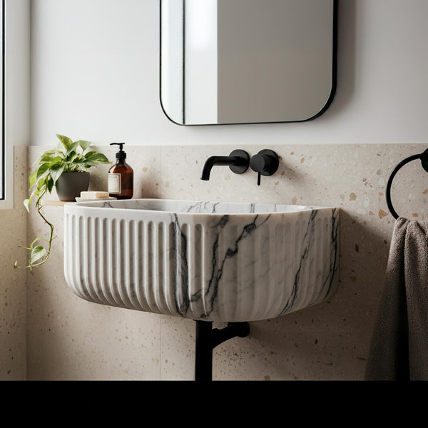 Roman-Inspired Carrara Marble Sink  – Timeless Elegance with Deep Ribbed Design M4S056