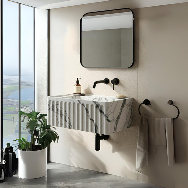 Fluted Carrara Marble Wall Sink with Soft Arched Detailing M4S055