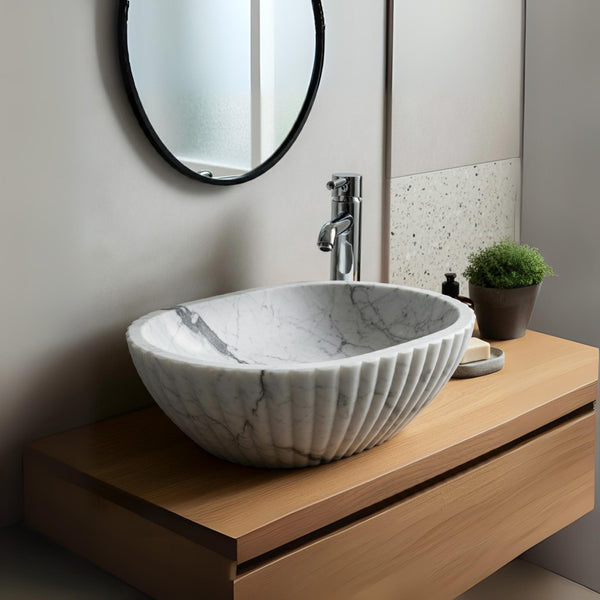 Fluted Oval Carrara Marble Vessel Sink M4F64