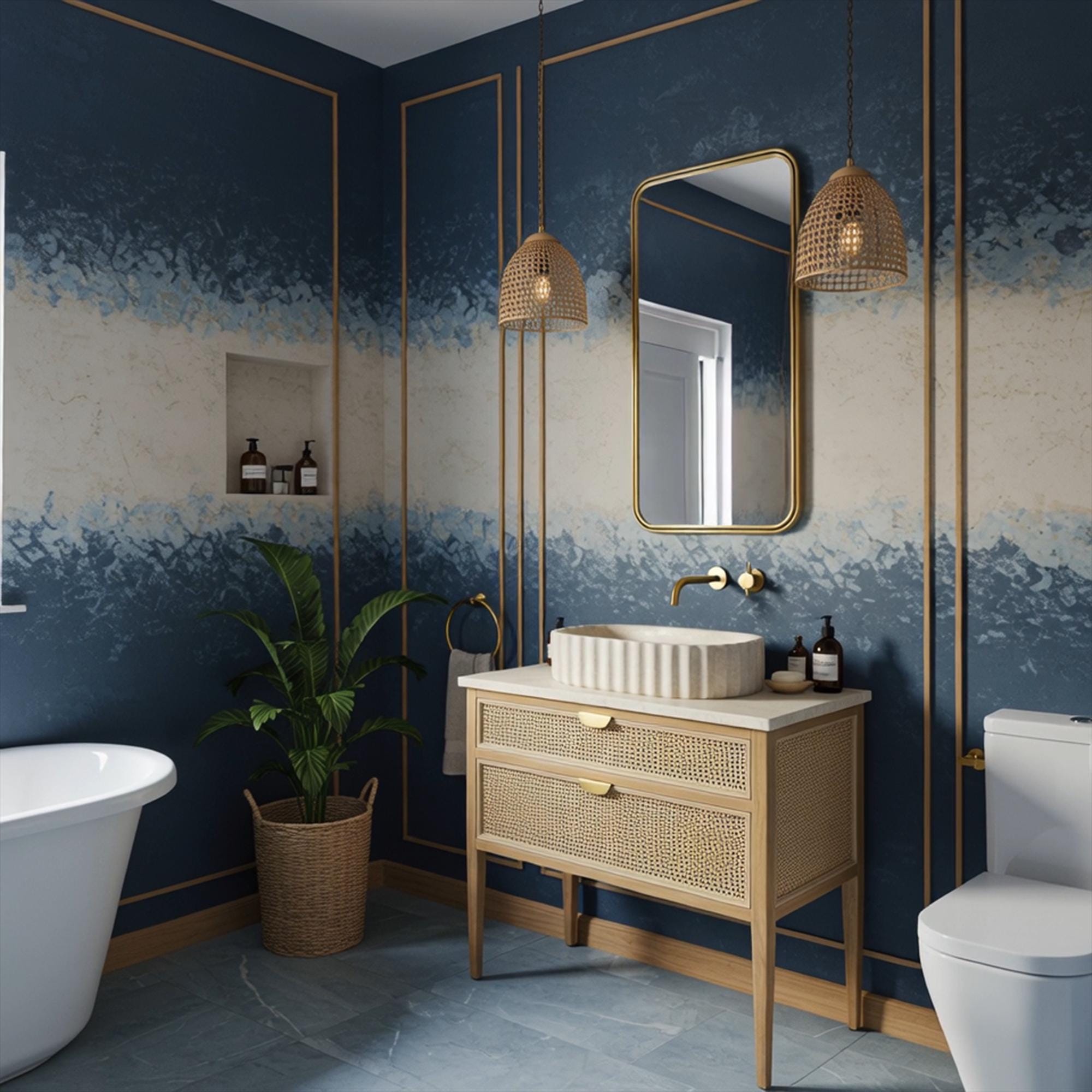 A handcrafted bathroom vanity featuring fluted travertine sink and woven drawers for a refined modern look.