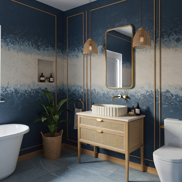 Fluted Travertine Marble Sink with Woven Cane Vanity Base hover