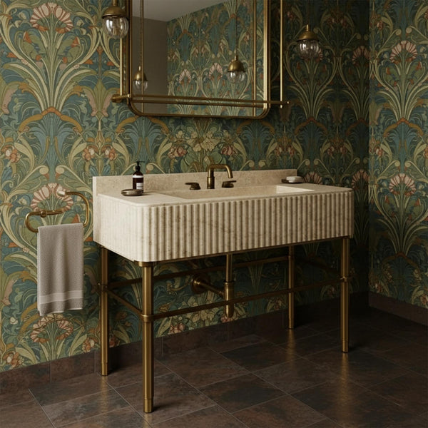Fluted Travertine Sink with Antique Brass Console M4M003