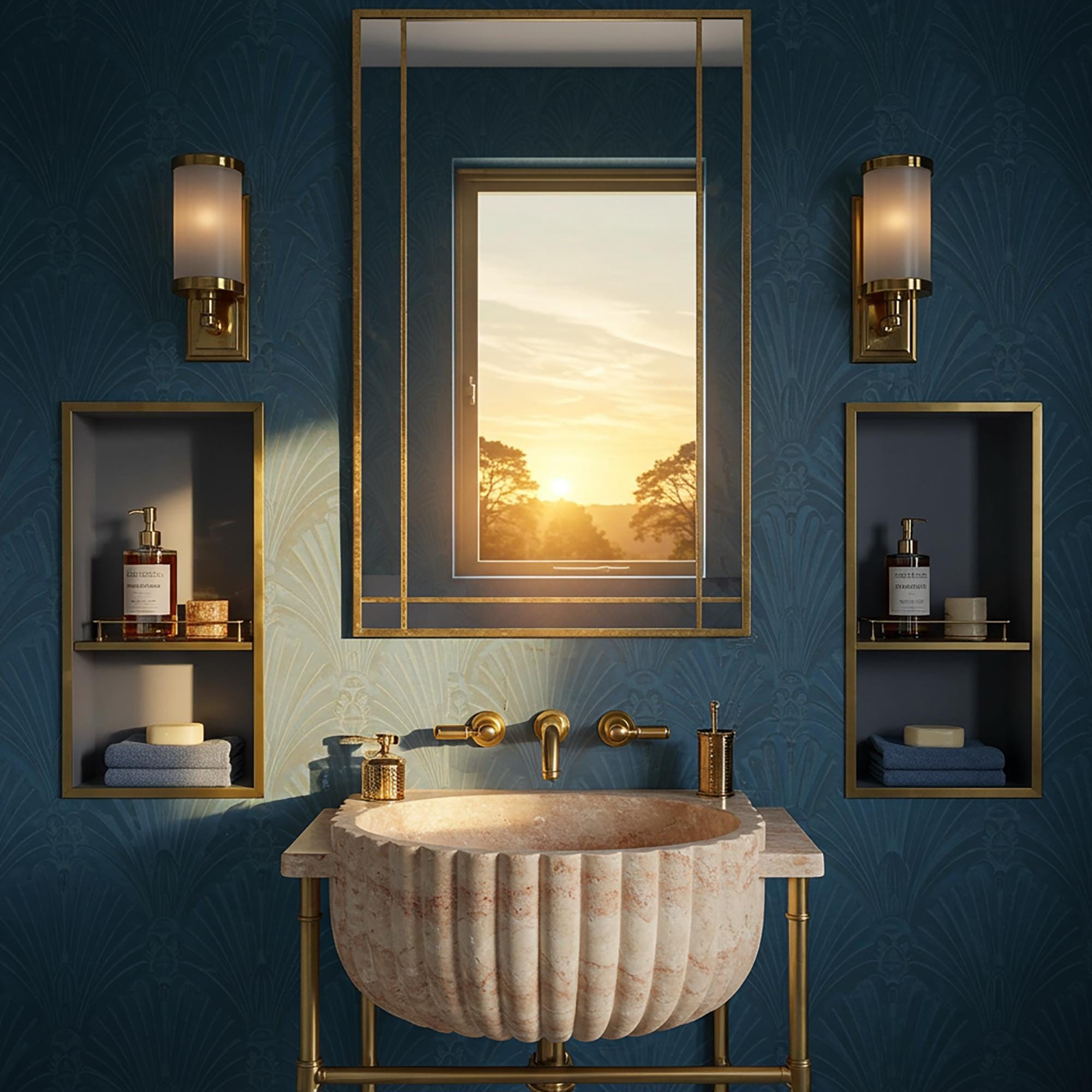 A fluted half-round travertine marble sink is paired with brass accents in a luxury bathroom setting.