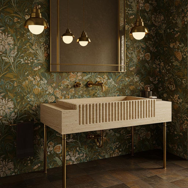 Fluted Travertine Marble Sink with Brass Frame – Bespoke Vanity M4M023