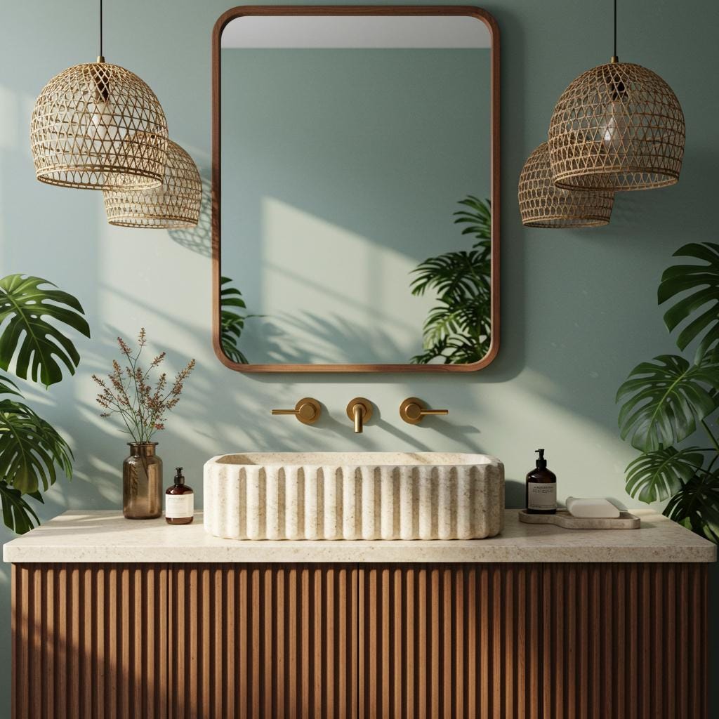 A rectangular fluted travertine vessel sink atop a ribbed wooden vanity in a tropical-inspired luxury bathroom.