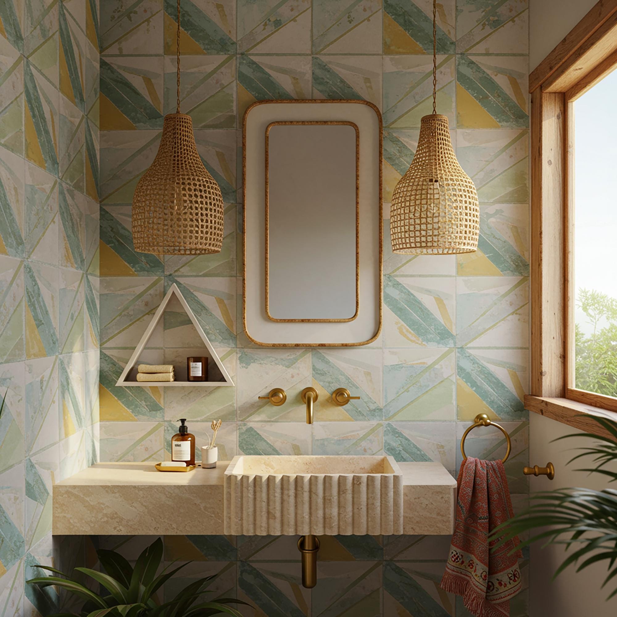 A wall-mounted travertine sink with a fluted apron front, styled in a colorful modern luxury bathroom.