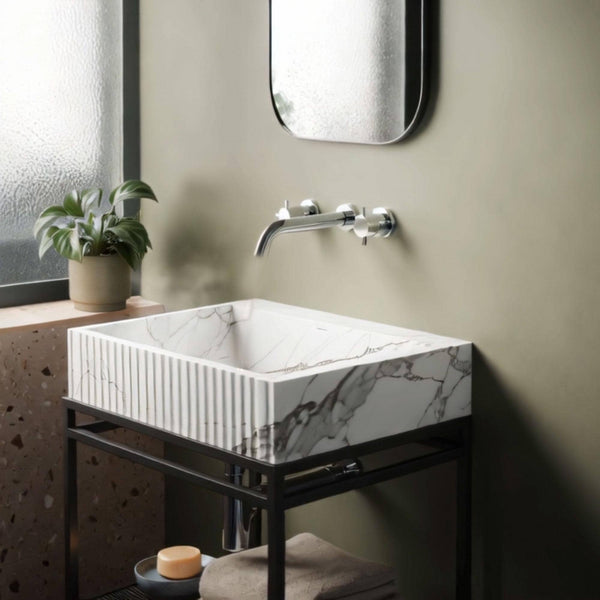 Fluted White Marble Sink with Black Metal Stand M4M050