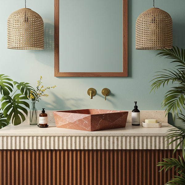 Geometric Red Marble Sink with Fluted Travertine Vanity M4F94