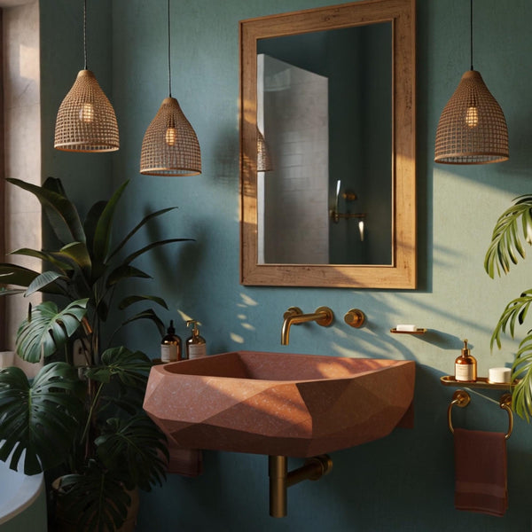 Geometric Red Marble Wall Sink – Sculpted Stone Vessel M4S68 hover