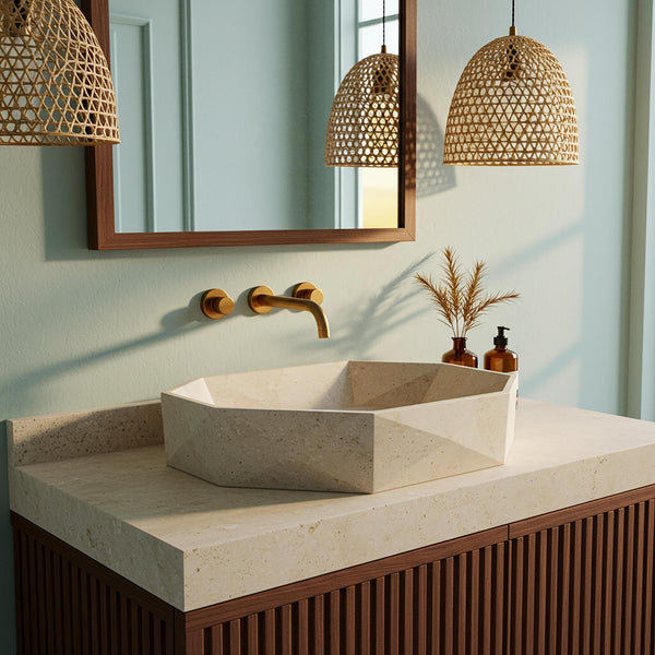 Geometric Travertine Vessel Sink with Fluted Walnut Vanity M4F63