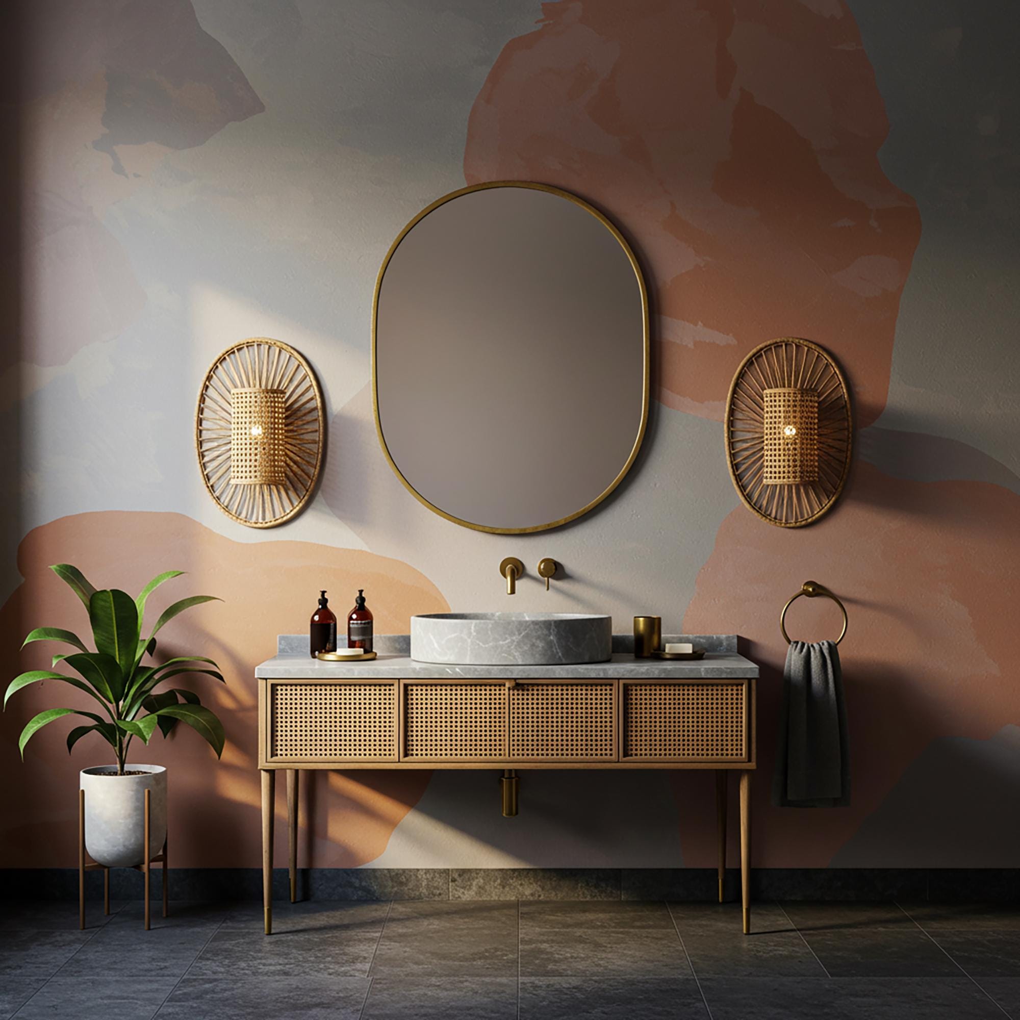 A gray marble bathroom vanity with rattan-front drawers and a vessel sink, framed by elegant brass fixtures.