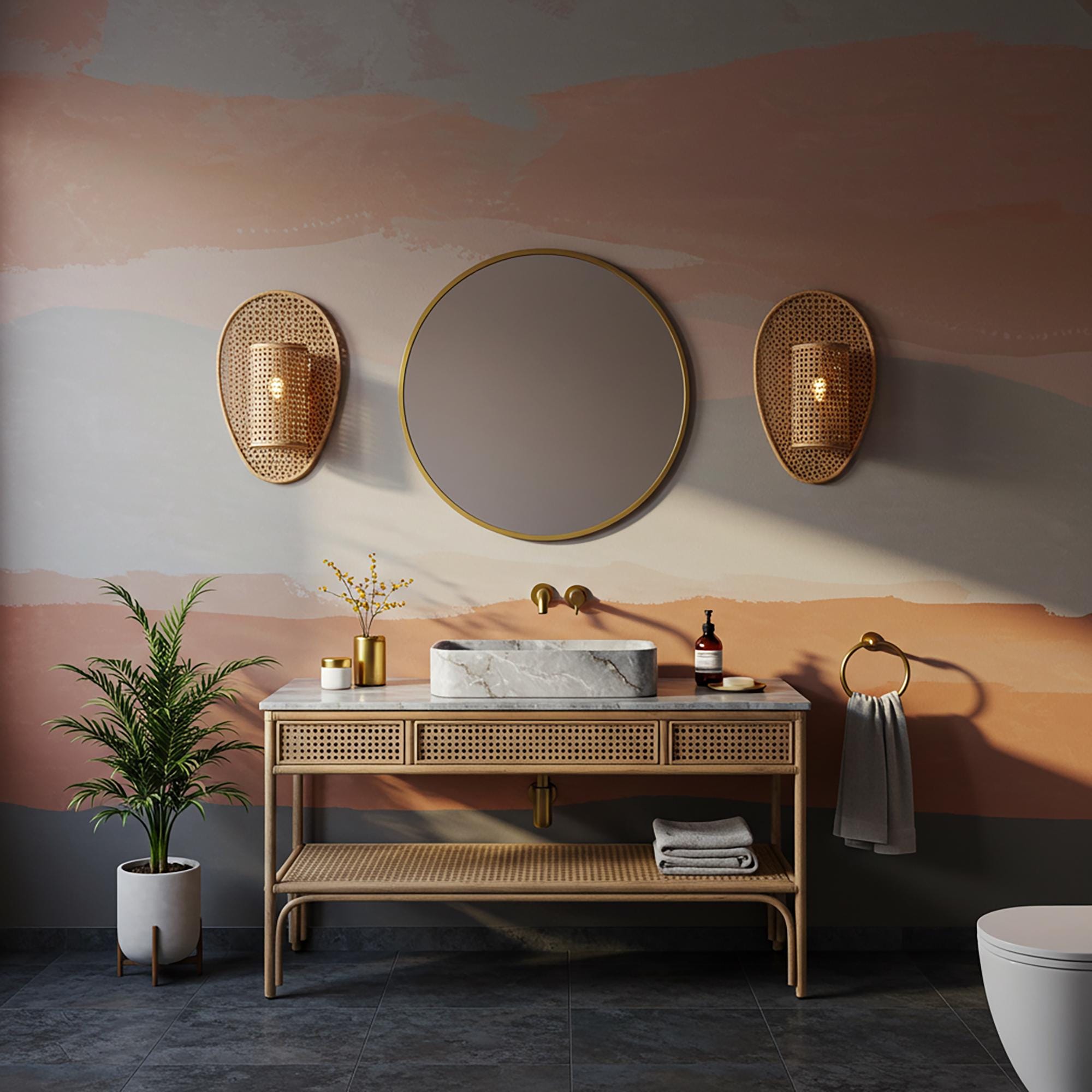 This luxury bathroom vanity showcases a gray marble top, woven drawer fronts, and an open shelf for elegant yet functional design.