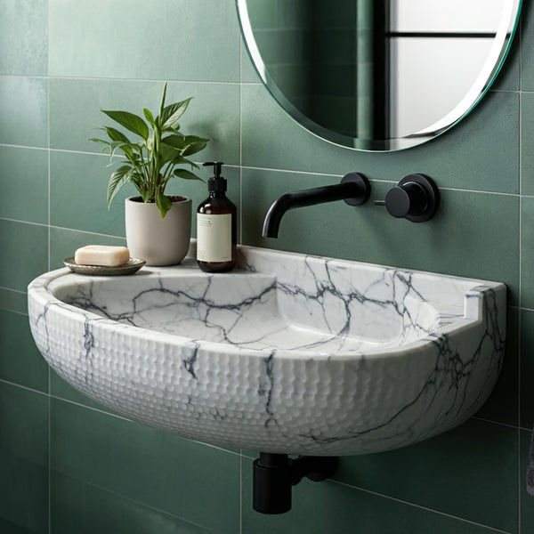 Hand-Textured Carrara Marble Wall-Mounted Sink – Curved Basin with Integrated Soap Platform M4S054