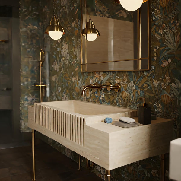 Fluted Travertine Marble Sink with Brass Frame – Bespoke Vanity M4M023 hover