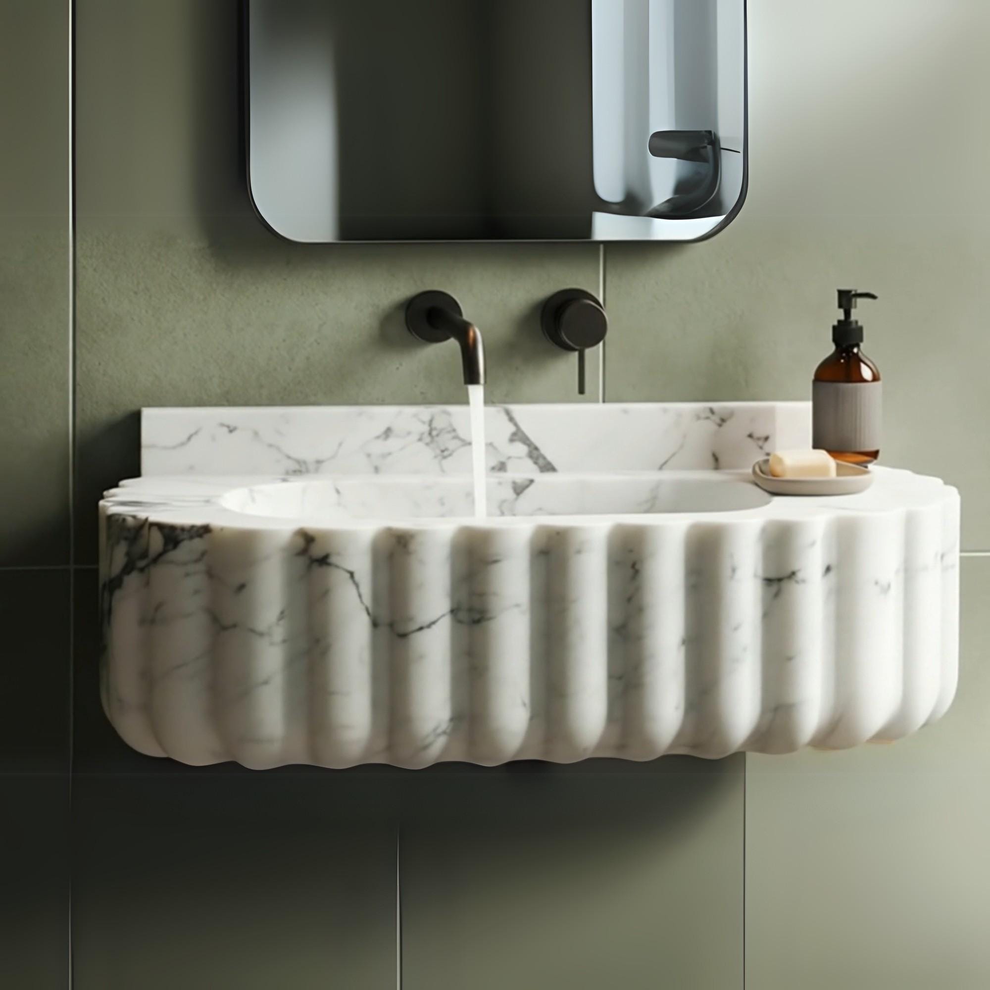 Calacatta Viola Fluted Marble Sink – Wall-Mounted Luxury Basin M4S032