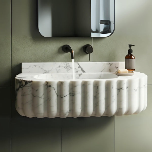 Calacatta Viola Fluted Marble Sink – Wall-Mounted Luxury Basin M4S032 hover